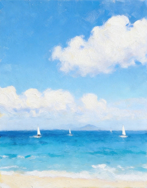 Peaceful Seashore, Sailing Boats at Sea, Hand Painted Canvas Art, Original Landscape Paintings, Small Canvas Wall Art Paintings, Original Oil Paintings, Buy Small Paintings Online-Silvia Home Craft