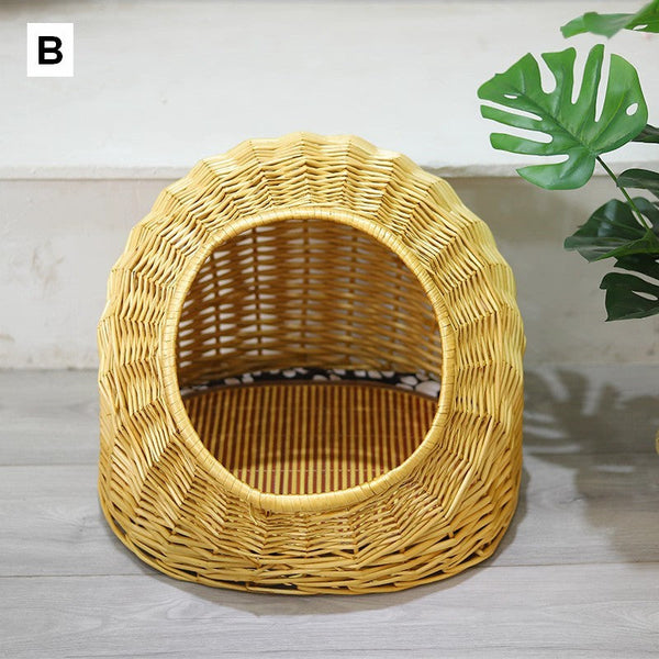 Hand woven Rattan Cat Bed, Natural Wicker Cat House Basket with Washable Cushion for Indoor Cats and Dogs-Silvia Home Craft