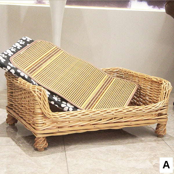 Large Natural Wicker Dog Bed with Washable Cushion for Indoor Cats and Dogs, Hand Woven Rattan Cat Beds-Silvia Home Craft