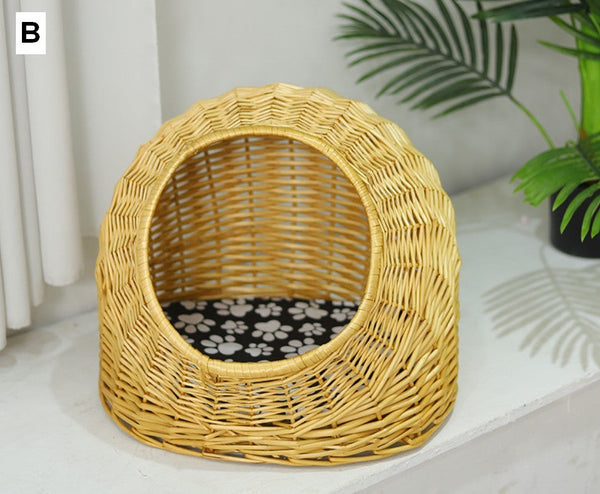 Natural Wicker Cat House Basket with Washable Cushion for Indoor Cats and Dogs, Rattan Cat Bed-Silvia Home Craft