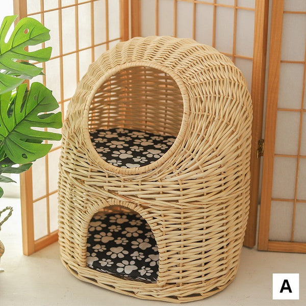 Large Double-Layer Cat Bed, Wicker Cat House Basket with Washable Cushion for Indoor Cats and Dogs-Silvia Home Craft