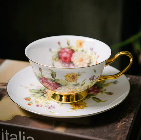 Elegant Rose Flower Ceramic Cups, Unique Royal Coffee Cup and Saucer, Creative Bone China Porcelain Tea Cup Set, Beautiful British Tea Cups-Silvia Home Craft