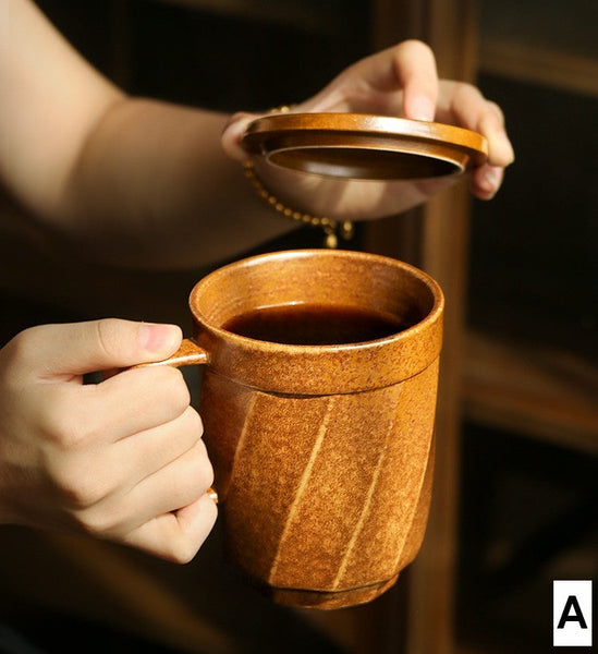Large Modern Handmade Pottery Coffee Cup, Creative Brown Green Blue Black Ceramic Coffee Mugs, Large Unique Tea Cup, Large Capacity Coffee Mug with Cover-Silvia Home Craft