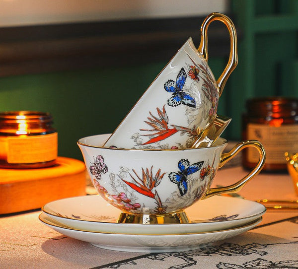 British Traditional Afternoon Tea Cup and Saucer Set, Ceramic Coffee Cups in Gift Box, Butterfly Pattern Porcelain Tea Cup and Saucer Set-Silvia Home Craft