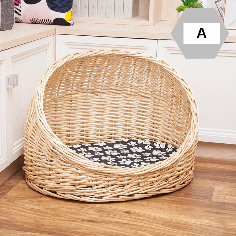 Natural Wicker Cat House Basket with Washable Cushion for Indoor Cats and Dogs, Hand woven Rattan Cat Bed-Silvia Home Craft