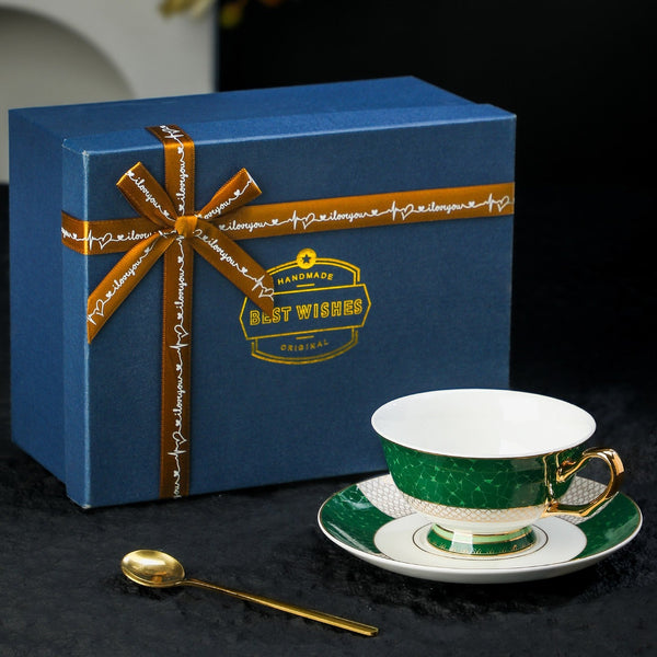 British Ceramic Tea Cup and Saucer Set, Elegant Green Coffee Cups, British Royal Tea Cup and Saucer Set in Gift Box, Porcelain Tea Cup and Saucer Set-Silvia Home Craft