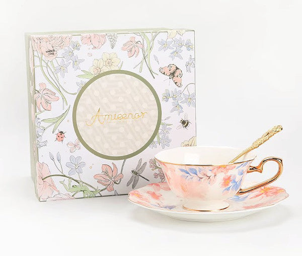 Flower Porcelain Tea Cup Saucer Set, Unique Tea Cup and Saucer in Gift Box,British Royal Ceramic Cups for Traditional Afternoon Tea, Elegant Ceramic Coffee Cups-Silvia Home Craft