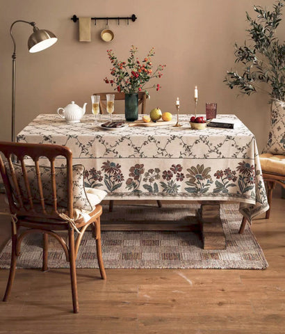 Farmhouse Table Cloth for Oval Table, Rustic Flower Pattern Linen Tablecloth for Kitchen Table, Modern Rectangle Tablecloth Ideas for Dining Room Table-Silvia Home Craft