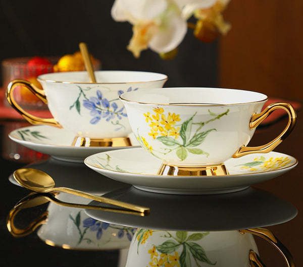 Unique Tea Cup and Saucer in Gift Box, Floral Ceramic Coffee Cup with Saucer, 7.4 oz British Tea Cup and Saucer, Porcelain Tea Cup Saucer Set-Silvia Home Craft