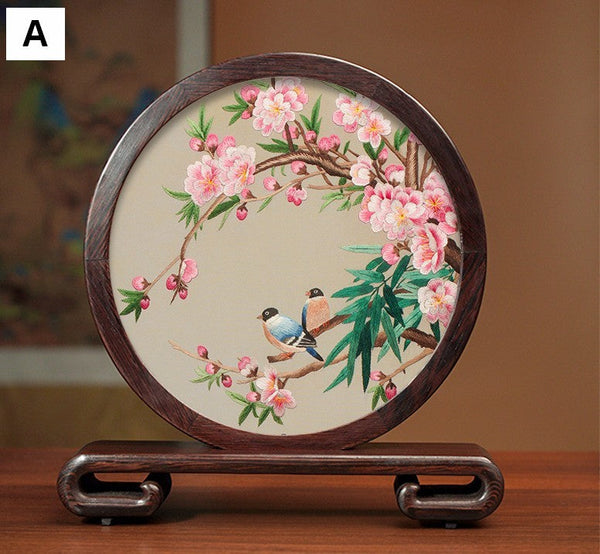 Flower and Bird Embroidery Ornaments, Unique Birthday Gift, Traditional Chinese Suzhou Silk Embroidered Ornament, Premium Souvenir, Exclusive Business Presents-Silvia Home Craft