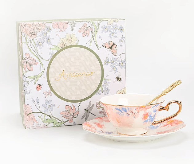 Flower Bone China Porcelain Tea Cup Set, Unique Tea Cup and Saucer in Gift Box,British Royal Ceramic Cups for Afternoon Tea, Elegant Ceramic Coffee Cups-Silvia Home Craft