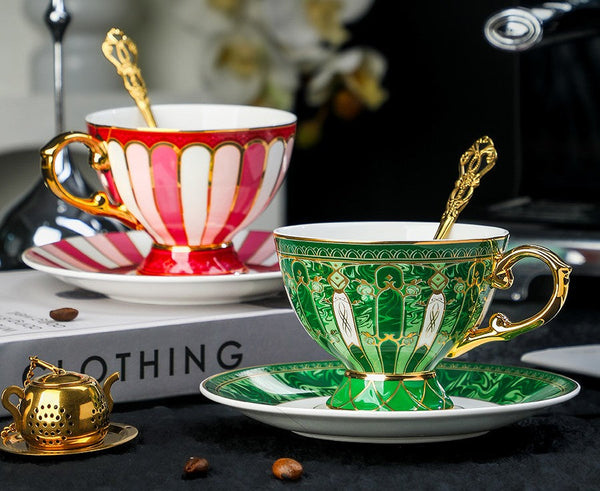 Beautiful British Tea Cup with Saucer, 8 oz Creative Porcelain Tea Cup and Saucer Set of 2 Cups, Elegant Ceramic Coffee Cups, Unique Tea Cup and Saucer in Gift Box as Birthday Gift-Silvia Home Craft