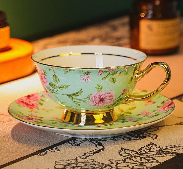 Floral Porcelain Tea Cup and Saucer Set, Afternoon British Tea Cup with Saucer, Traditional English Tea Cup and Saucer Set, Ceramic Coffee Cup with Saucer-Silvia Home Craft