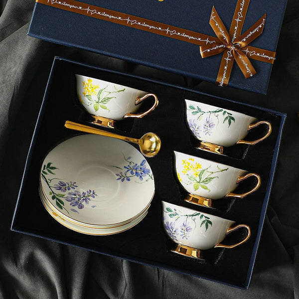 Unique Tea Cup and Saucer in Gift Box, Floral Ceramic Coffee Cup with Saucer, 7.4 oz British Tea Cup and Saucer, Porcelain Tea Cup Saucer Set-Silvia Home Craft