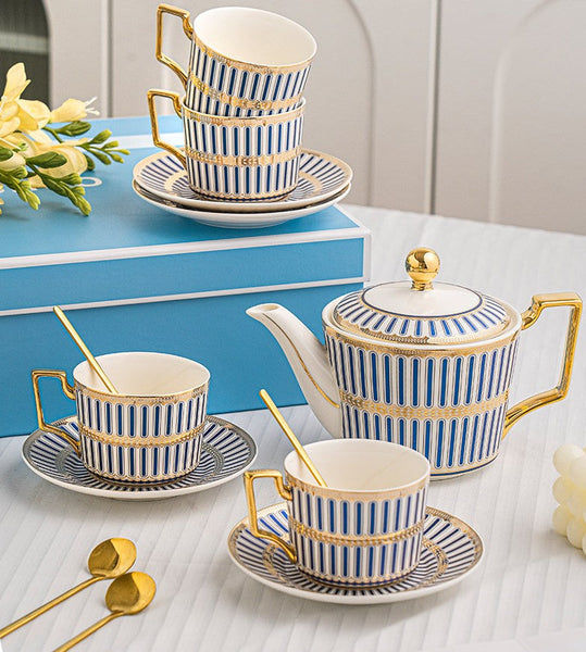 Modern Coffee Cup with Saucer, Ceramic Tea Cup and Saucer Set with Teapot, 7.4 oz Porcelain Tea Cup and Saucer Set of 4 cups, British Tea Cup Set-Silvia Home Craft