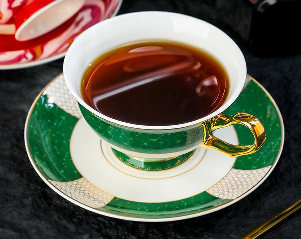 Porcelain Tea Cup and Saucer Set, British Ceramic Tea Cup and Saucer Set, Elegant Green Coffee Cups, British Royal Tea Cup and Saucer Set in Gift Box-Silvia Home Craft