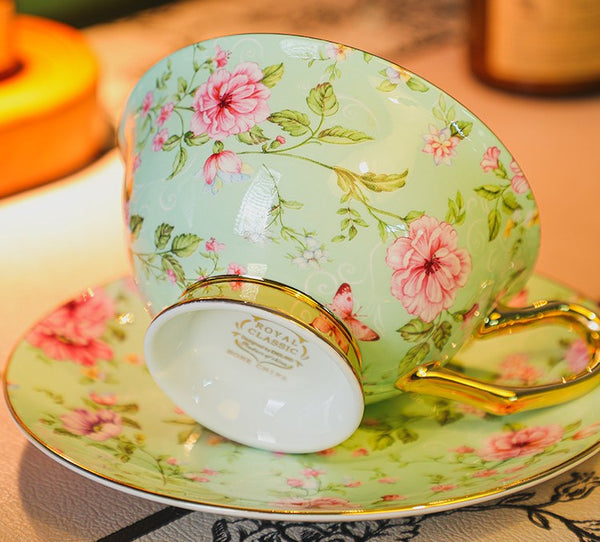Floral Ceramic Coffee Cup with Saucer Set of 2 Cups, Creative Porcelain Tea Cup Saucer Set, 6.8 oz Tea Cup and Saucer in Gift Box, Beautiful British Tea Cup and Saucer-Silvia Home Craft