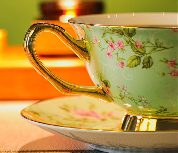 Floral Porcelain Tea Cup and Saucer Set, Afternoon British Tea Cup with Saucer, Traditional English Tea Cup and Saucer Set, Ceramic Coffee Cup with Saucer-Silvia Home Craft