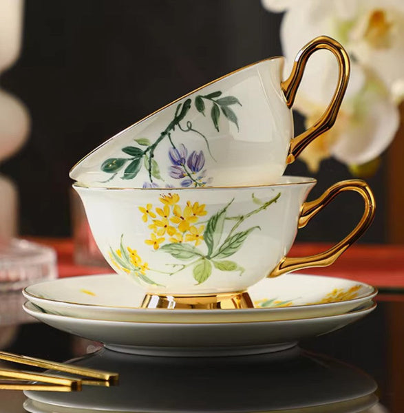 Porcelain Tea Cup Saucer Set, Unique Tea Cup and Saucer in Gift Box, 7.4 oz Floral Ceramic Coffee Cup with Saucer, Beautiful British Tea Cup and Saucer-Silvia Home Craft