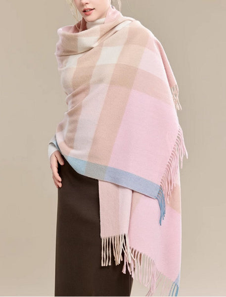 Large Wool Scarf, Soft Wool Scarf for Women, Checkered Fashion Scarf, Winter Shawl, Elegant Shawl, Warm Cape, Gifts for Her, Evening Wrap, Christmas Gift-Silvia Home Craft