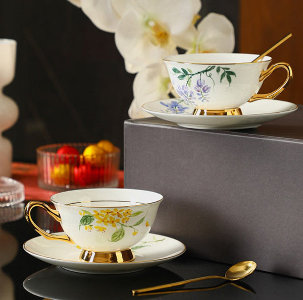 Unique Tea Cup and Saucer in Gift Box, Floral Ceramic Coffee Cup with Saucer, 7.4 oz British Tea Cup and Saucer, Porcelain Tea Cup Saucer Set-Silvia Home Craft