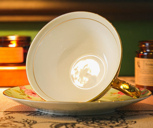 Floral Porcelain Tea Cup and Saucer Set, Afternoon British Tea Cup with Saucer, Traditional English Tea Cup and Saucer Set, Ceramic Coffee Cup with Saucer-Silvia Home Craft