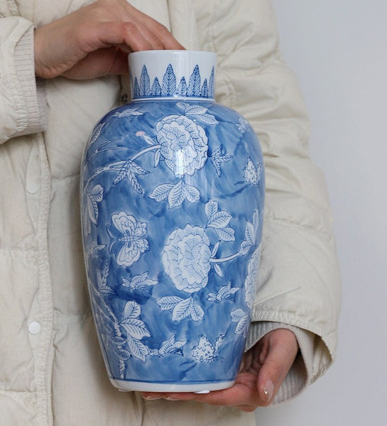 Centerpiece Ceramic Bouquet Vases, Handmade Modern Flower Vase, Large Flower Vases on Dining Table, Blue Porcelain Flower Vases-Silvia Home Craft