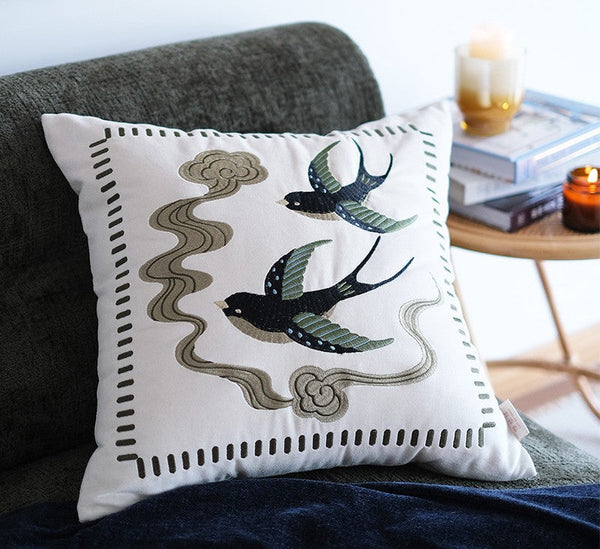 Luxury Decorative Pillows for Couch, Modern Throw Pillows for Couch, Vintage Decorative Pillows, Embroidered Swallow Birds Cushion, Decorative Pillow Arrangement Ideas for Bed-Silvia Home Craft
