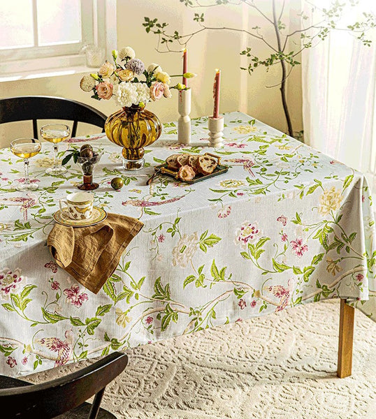 Singing Bird Tablecloth for Round Table, Kitchen Table Cover, Flower Table Cover for Dining Room Table, Modern Rectangle Tablecloth Ideas for Oval Table-Silvia Home Craft