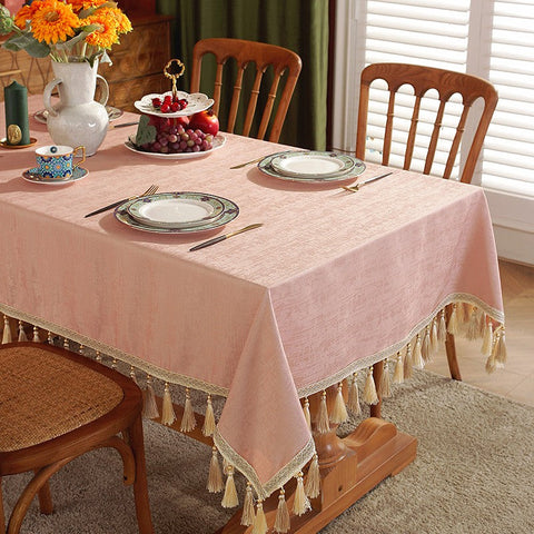 Pink Fringes Tablecloth for Home Decoration, Modern Rectangle Tablecloth, Large Simple Table Cover for Dining Room Table, Square Tablecloth for Round Table-Silvia Home Craft