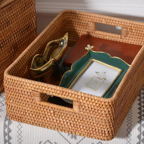 Rectangular Storage Basket with Lid, Rattan Storage Baskets for Clothes, Kitchen Storage Baskets, Oversized Storage Baskets for Living Room-Silvia Home Craft