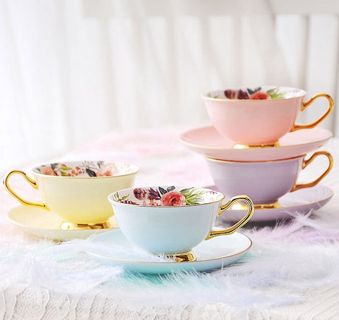 Royal Bone China Porcelain Tea Cup Set, Elegant Flower Pattern Ceramic Coffee Cups, Beautiful British Tea Cups, Unique Afternoon Tea Cups and Saucers in Gift Box-Silvia Home Craft