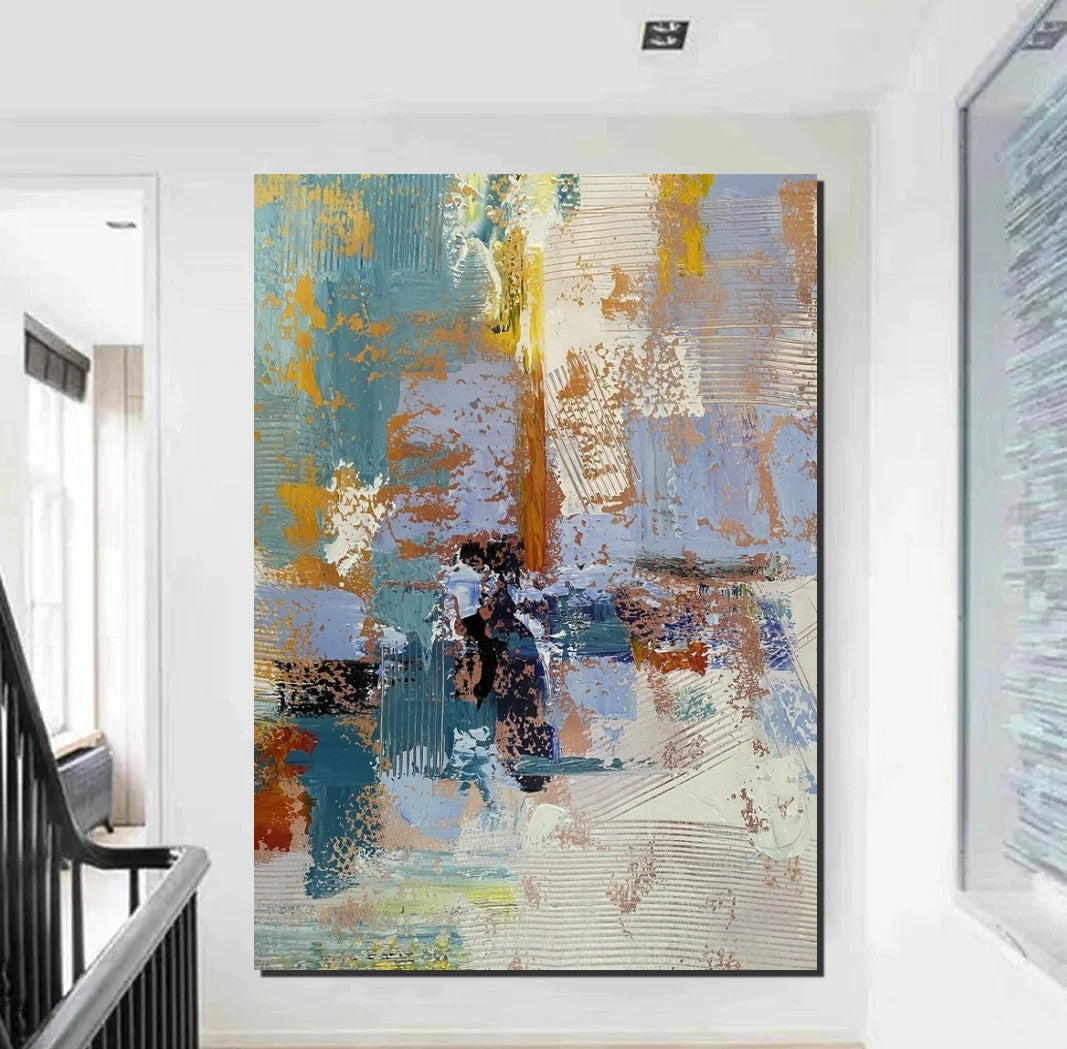 Acrylic Abstract Painting Behind Sofa, Large Grey Beige Canvas, Gold Accent Artwork, Contemporary Wall Decor, Neutral Tones Painting, Oversized Statement Art