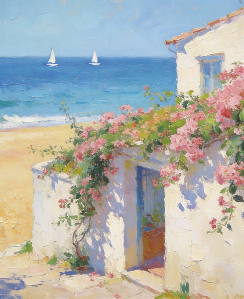 Sunlit Seaside Cottage with Bougainvillea, Original Small Paintings, Seashore Beach Painting, Hand Painted Canvas Art, Small Canvas Wall Art