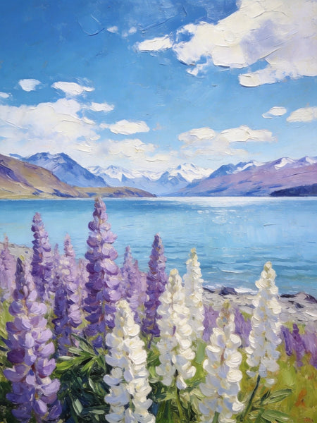 Lupines in Full Bloom by the Lake, Hand Painted Canvas Art, Small Oil Paintings, Original Canvas Paintings, Landscape Paintings for Bedroom, Buy Paintings Online-Silvia Home Craft
