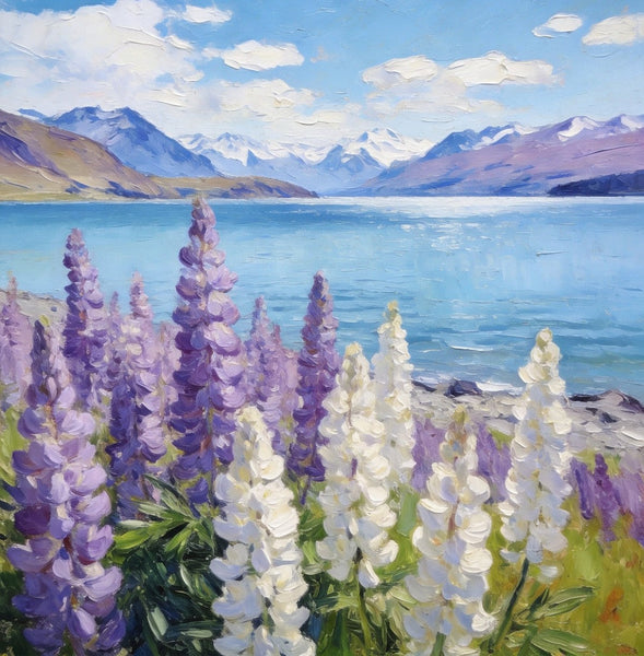Lupines in Full Bloom by the Lake, Hand Painted Canvas Art, Small Oil Paintings, Original Canvas Paintings, Landscape Paintings for Bedroom, Buy Paintings Online-Silvia Home Craft