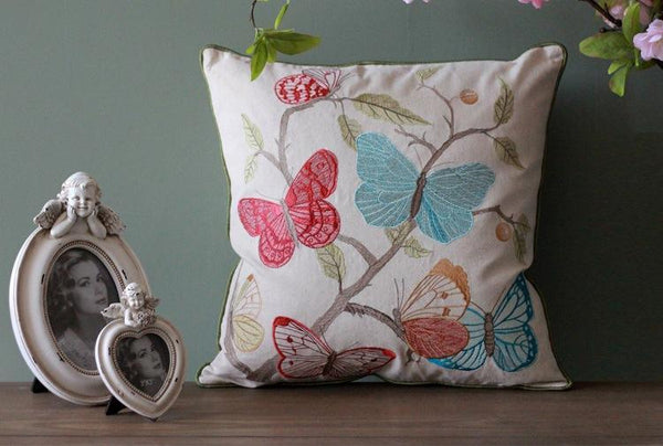 Beautiful Embroider Butterfly Cotton and linen Pillow Cover, Decorative Throw Pillows, Decorative Sofa Pillows, Decorative Pillows for Couch-Silvia Home Craft