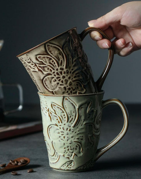 Green Ceramic Coffee Mug, Birthday Gifts, Stoneware Coffee Mugs, Handmade Pottery Coffee Mug, Large Capacity Coffee Cups-Silvia Home Craft