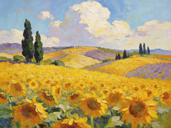 Landscape Canvas Paintings, Scenic Provence Sunflower Field Landscape, Original Landscape Paintings, Buy Paintings Online, Hand Painted Canvas Art-Silvia Home Craft
