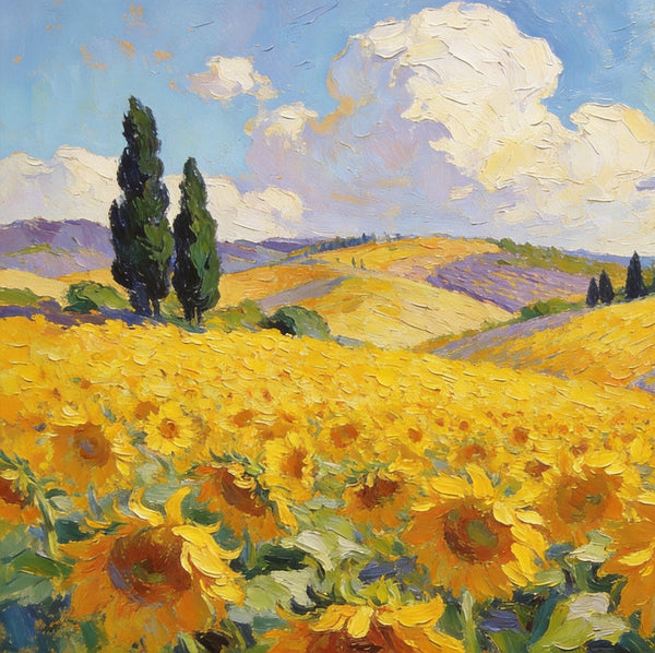 Landscape Canvas Paintings, Scenic Provence Sunflower Field Landscape, Original Landscape Paintings, Buy Paintings Online, Hand Painted Canvas Art-Silvia Home Craft