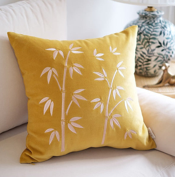 Large Decorative Pillows for Couch, Modern Throw Pillows for Bedroom, Living Room Decorative Pillows, Yellow Embroidered Bamboo Cushion, Decorative Pillow Arrangement Ideas for Couch-Silvia Home Craft