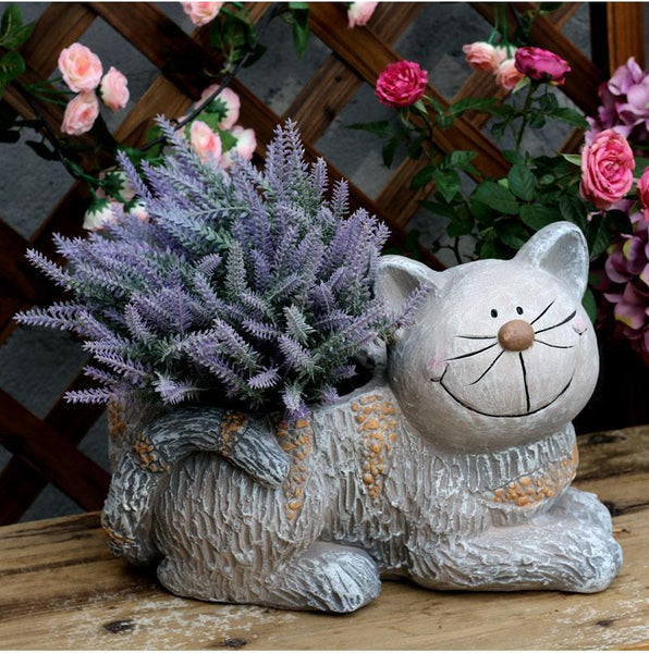 Large Cat Statue, Sitting Cat Flower Pot Statue, Pet Statue for Garden Courtyard Ornaments, Villa Outdoor Decor Gardening Ideas-Silvia Home Craft