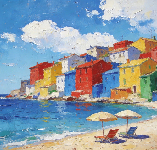 Small Landscape Paintings on Canvas, Coastal Town Charming Landscape, Landscape Canvas Paintings, Hand Painted Canvas Art, Heavy Texture Oil Paintings, Original Oil Paintings-Silvia Home Craft
