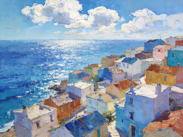 Original Landscape Paintings, Coastal Town Charm, Seashore Paintings, Hand Painted Canvas Art, Small Oil Paintings, Canvas Paintings for Living Room, Buy Paintings Online-Silvia Home Craft