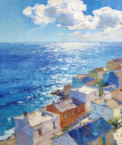 Original Landscape Paintings, Coastal Town Charm, Seashore Paintings, Hand Painted Canvas Art, Small Oil Paintings, Canvas Paintings for Living Room, Buy Paintings Online-Silvia Home Craft