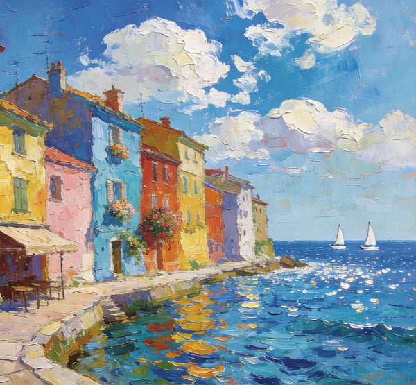 Canvas Paintings for Living Room, Coatal Town Beauty Spot, Hand Painted Canvas Art, BuyOil Paintings Online, Small Wall Art Paintings, Original Landscape Paintings-Silvia Home Craft