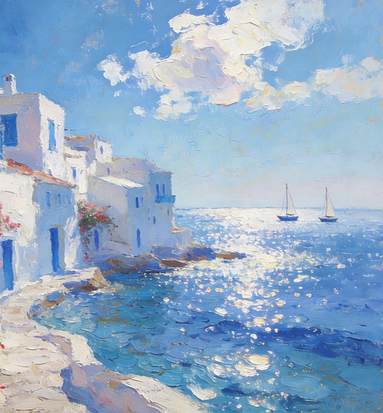 Idyllic Aegean Landscape, Small Oil Paintings, Heavy Texture Artwork, Hand Painted Canvas Art, Landscape Canvas Paintings, Original Canvas Paintings-Silvia Home Craft