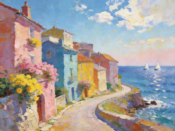Original Landscape Paintings, Coastal Town Tranquility, Summer Resort Paintings, Hand Painted Canvas Art, Heavy Texture Artwork, Small Oil Paintings, Buy Painting Online-Silvia Home Craft