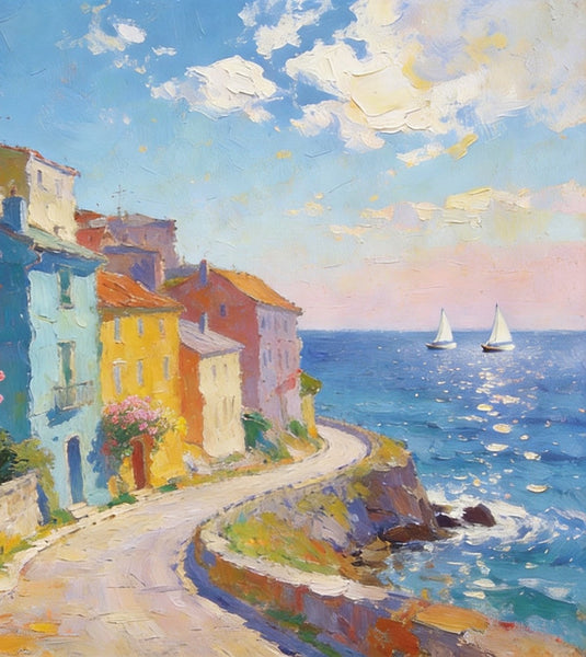 Original Landscape Paintings, Coastal Town Tranquility, Summer Resort Paintings, Hand Painted Canvas Art, Heavy Texture Artwork, Small Oil Paintings, Buy Painting Online-Silvia Home Craft