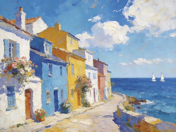 Heavy Texture Artwork, Seaside Town Serene Moment, Small Oil Paintings, Buy Painting Online, Original Landscape Paintings, Hand Painted Canvas Art-Silvia Home Craft